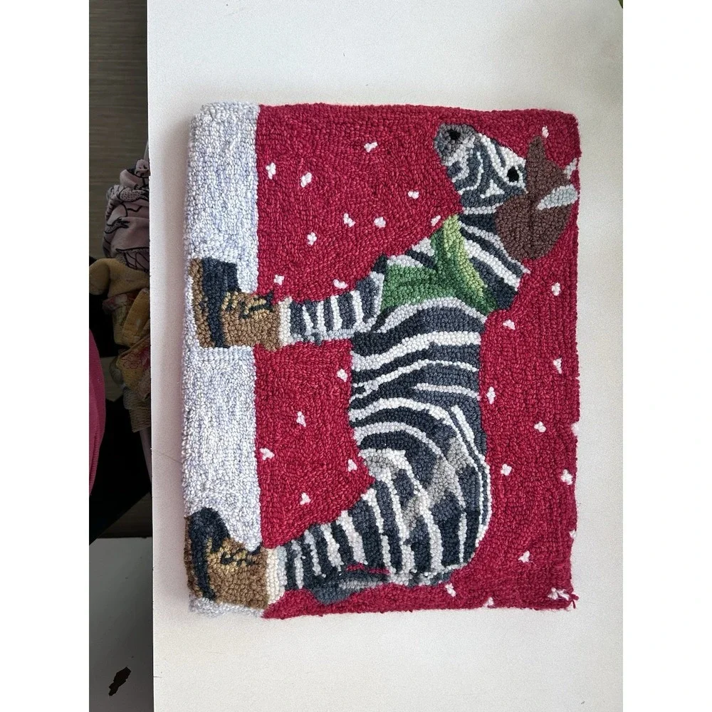 Grandin Road Hooked Wool Throw Pillow Cover Lot Christmas Elephant & Zebra 14x18